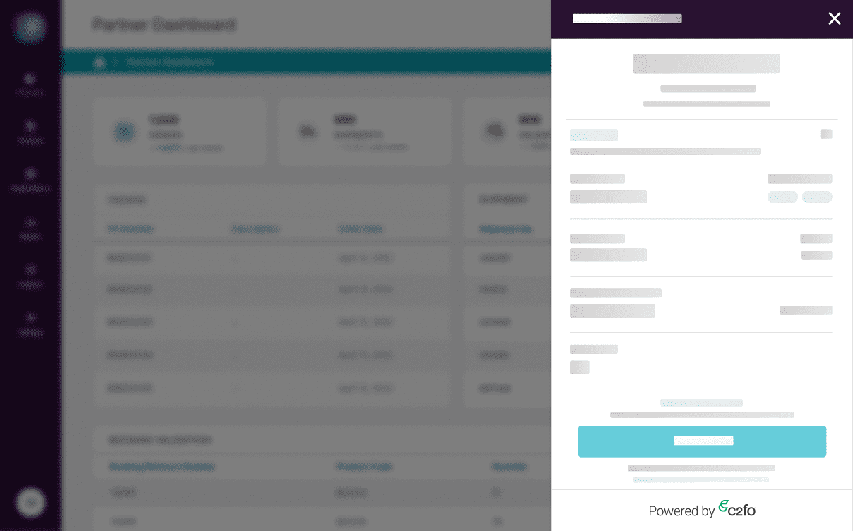 A blurry image depicts an online dashboard with various menu options on the left and a pop-up form overlay on the right, featuring blurred text fields and a bright blue button. Emphasizing partnerships, the bottom right corner reads "Powered by Ceefo.