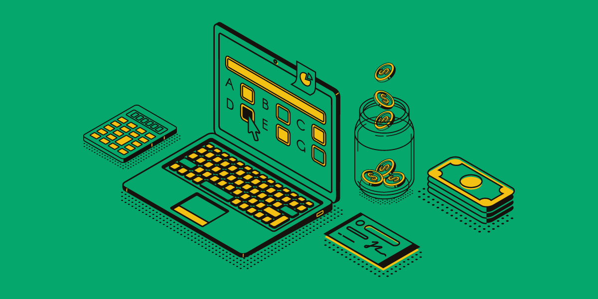 An illustration depicts a laptop on a table displaying a grid of options labeled A to E, alongside a calculator, jar of coins, stack of bills, and bank card. The isometric scene captures the essence of managing working capital in 2022 against a vibrant green backdrop.