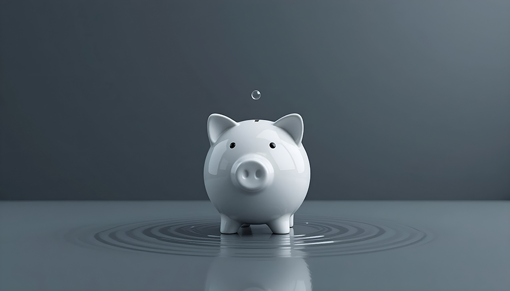 A white piggy bank stands in water with a droplet falling above it, creating ripples on a gray background.
